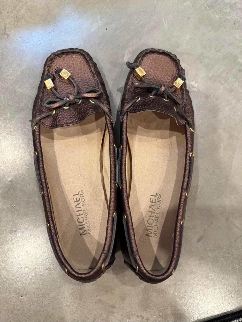 Michael Kors Dark Brown Leather Moccasin Loafers with Gold Accents